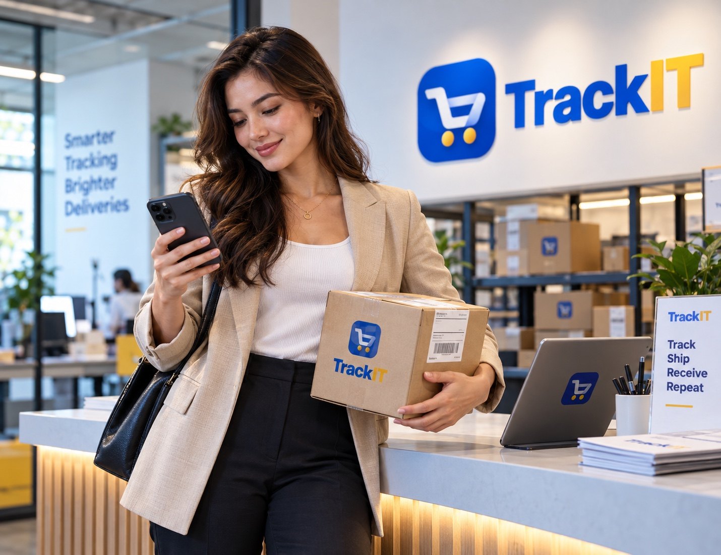 Track IT customer holding a parcel at a Track IT service counter