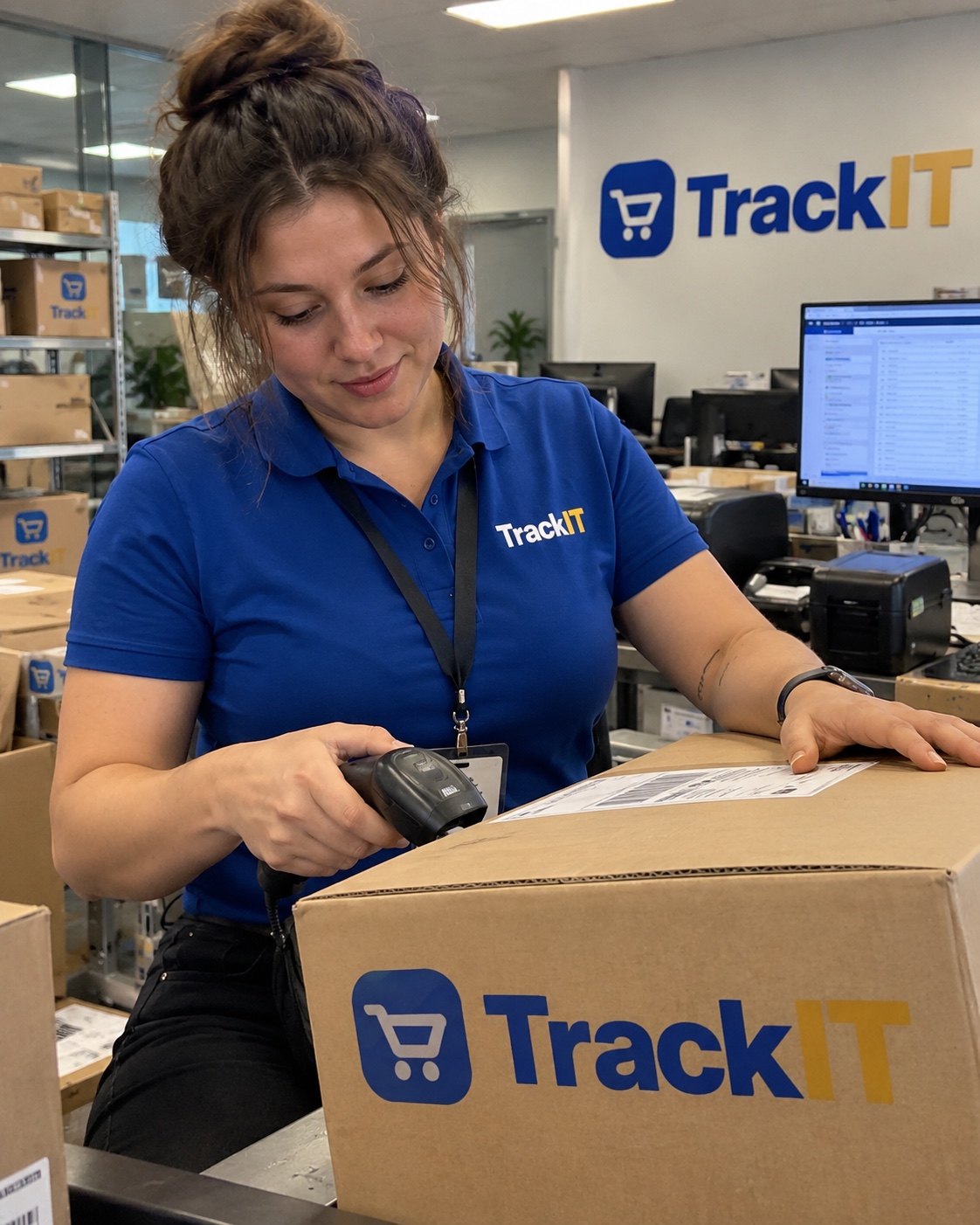 Track IT employee scanning a shipping label