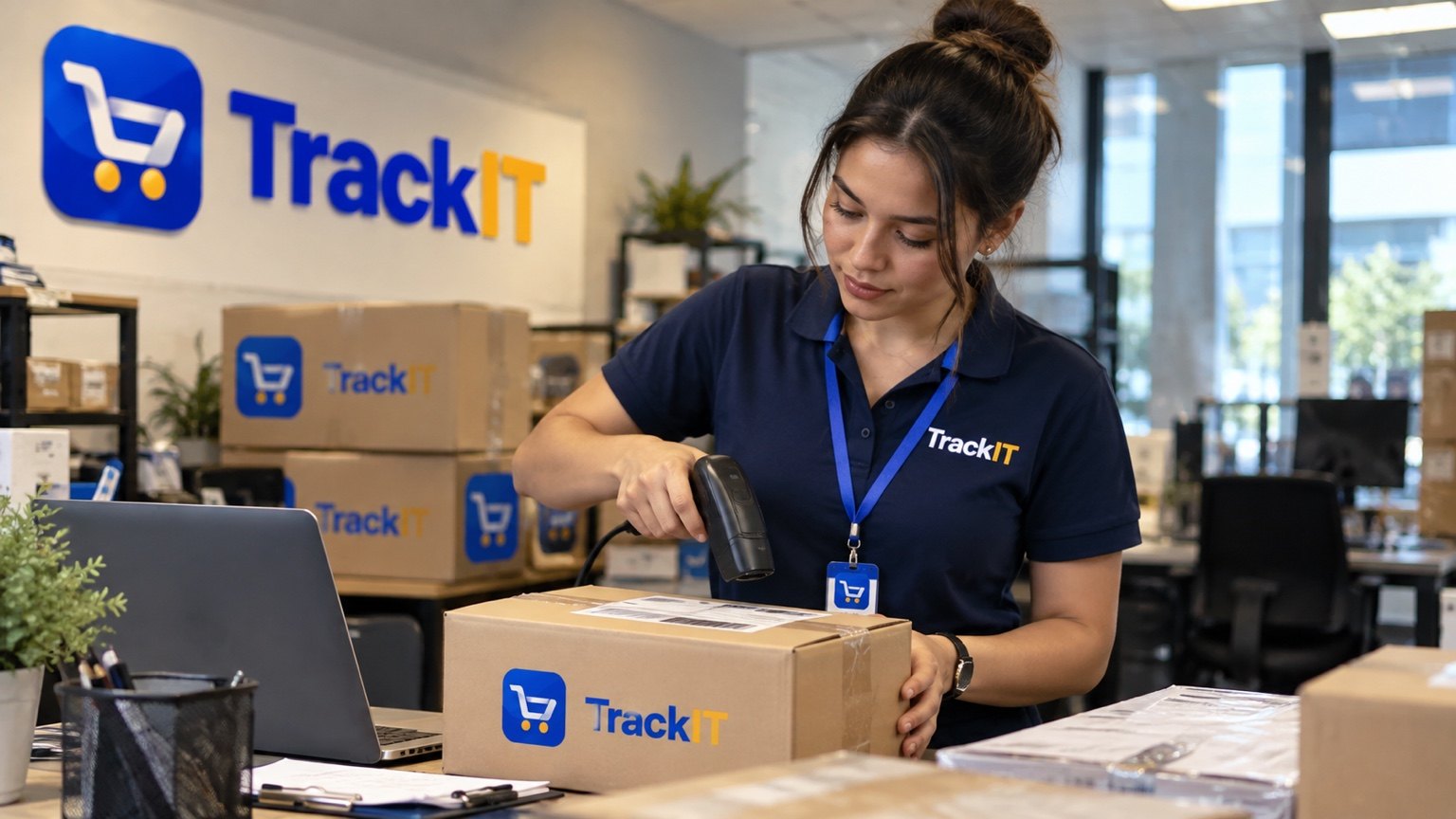 Track IT employee scanning a parcel in a logistics office