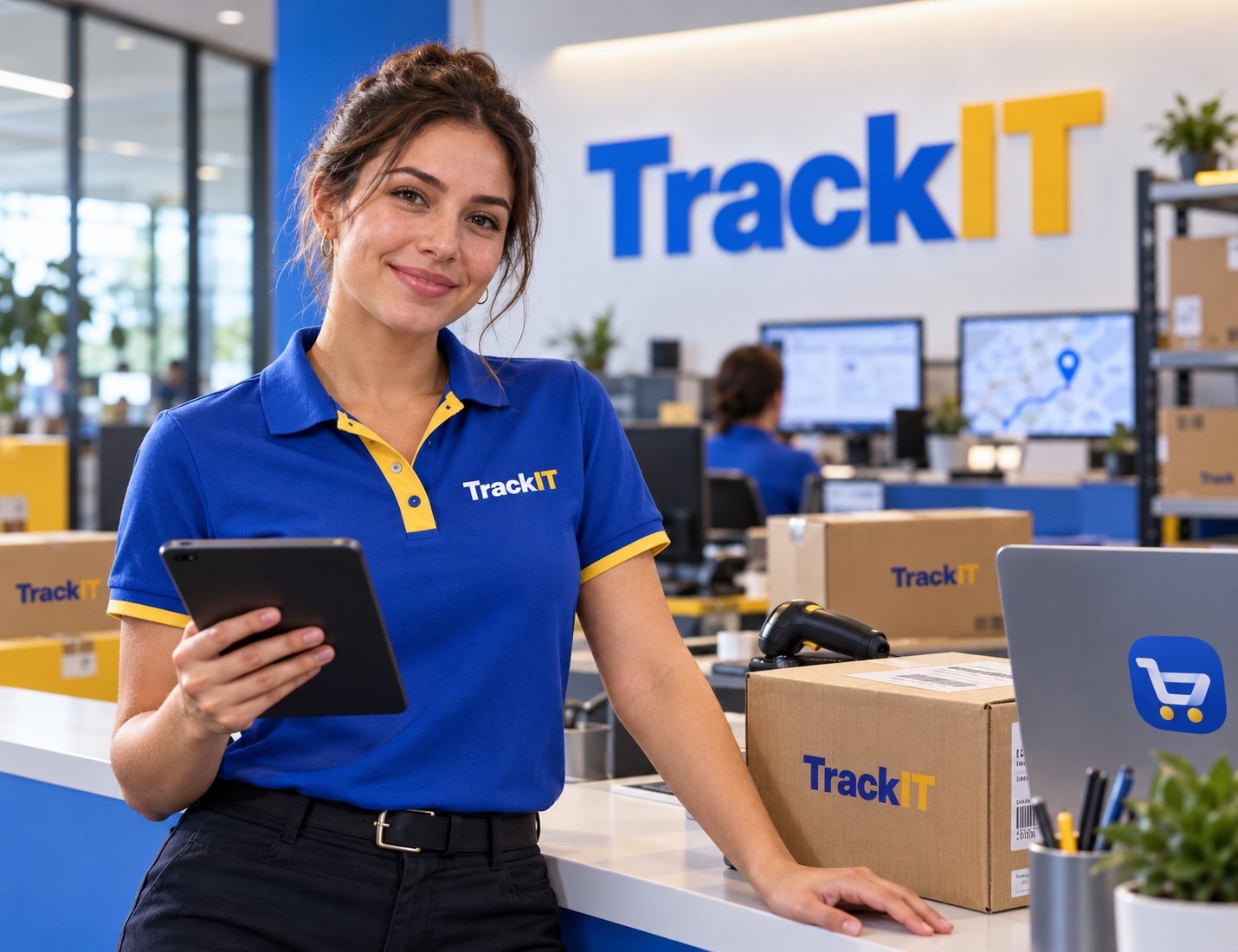 Track IT logistics employee using a tablet inside a package center